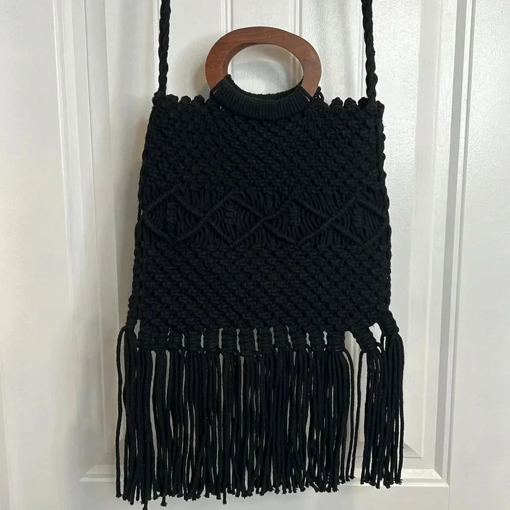 Danielle Nicole‎ Black Macramé Boho Crossbody/Handbag with Fringe. - Picture 2 of 16